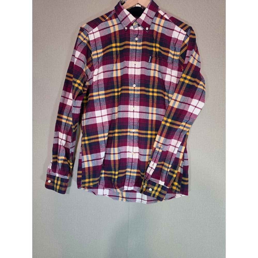 Barbour Mens Tailored Fit Plaid Button Down Shirt Burgundy Yellow Size Small S